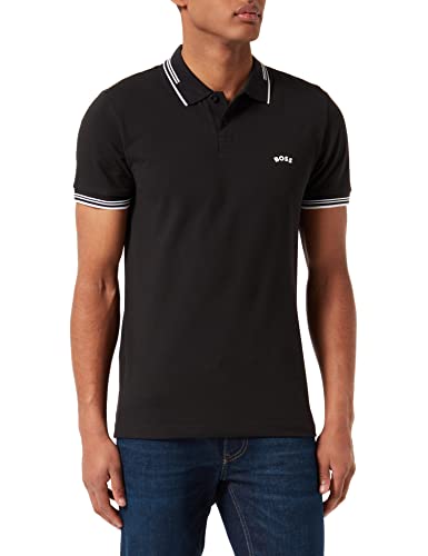 BOSS Herren Paul Curved Slim-Fit Poloshirt aus Stretch-Baumwolle mit geschwungenem Logo Schwarz S von HUGO BOSS