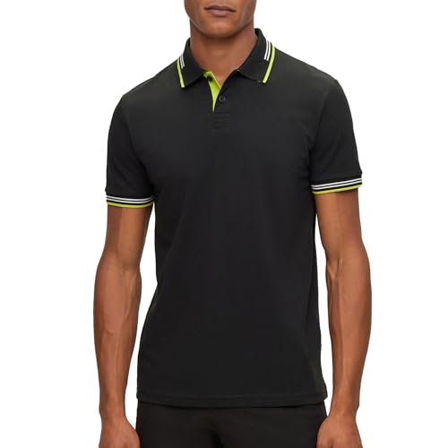 BOSS Herren Paul Curved Slim-Fit Poloshirt aus elastischem Baumwoll-Piqué mit geschwungenem Logo Schwarz L von BOSS