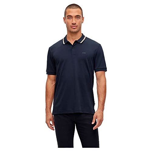 BOSS Herren Penrose 38 Slim-Fit Poloshirt aus Baumwolle mit gestreiftem Kragen Dunkelblau L von BOSS