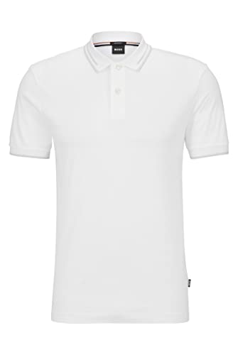 BOSS Herren Phillipson 115 Slim-Fit Poloshirt aus Interlock-Baumwolle mit Jacquard-Streifen Weiß L von BOSS