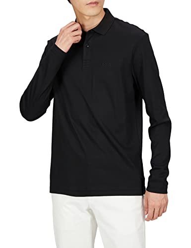 BOSS Herren Pirol Longsleeve-Poloshirt aus Interlock-Baumwolle mit tonalem Logo Schwarz L von BOSS