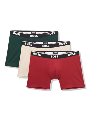 BOSS Herren Power Boxershorts mit Auffälligem Logo, 3er-Pack Retroshorts, Purpurrot/Creme/Kieferngrün, Small von BOSS