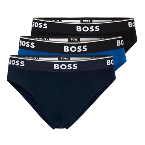 BOSS Herren Power Slips Briefs Unterhosen Cotton Stretch 3er Pack, Farbe:Mehrfarbig, Wäschegröße:L, Artikel:-968 Black/Navy/Blue von BOSS