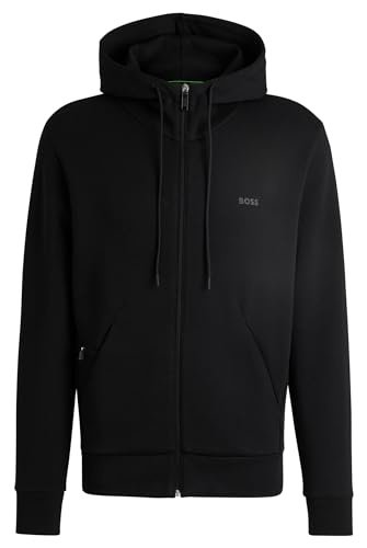 BOSS Herren Saggy Hoodie aus Stretch-Baumwolle mit Reißverschluss und Logo-Print Schwarz S von BOSS