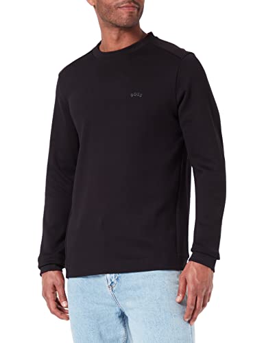 BOSS Herren Salbo Curved Sweatshirt aus Interlock-Baumwolle mit Rundhalsausschnitt und geschwungenem Logo Schwarz L von BOSS