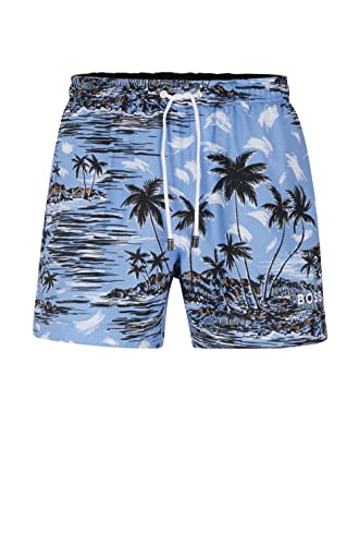 BOSS Herren Springfish Badeshorts aus schnell trocknendem Recycling-Gewebe mit saisonalem Print Hellblau XXL von BOSS