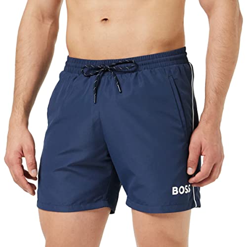 BOSS Herren Starfish Schnell trocknende Badeshorts mit Logo und Paspeln Dunkelblau S von HUGO BOSS