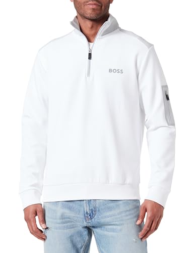 BOSS Herren Sweat 1 Sweatshirt aus Baumwoll-Mix mit Troyerkragen und erhabenem 3D-Logo Weiß L von BOSS