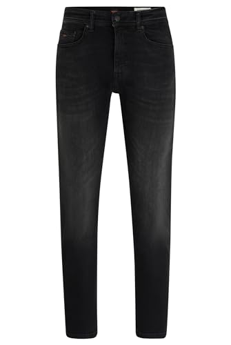 BOSS Herren Taber Zip BC-P-1 Schwarze Tapered-Fit Jeans aus Super-Stretch-Denim Dunkelgrau 34/32 von BOSS