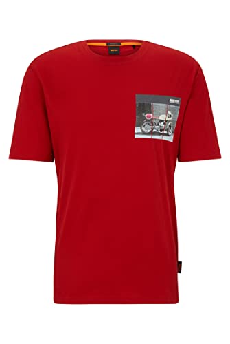 BOSS Herren TeeMotor Relaxed-Fit T-Shirt aus Baumwolle mit Motorrad-Print Rot XL von BOSS