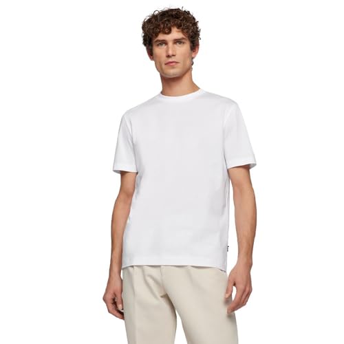 BOSS Herren Thompson 02 Regular-Fit T-Shirt aus Baumwoll-Jersey mit geripptem Kragen Weiß XL von BOSS
