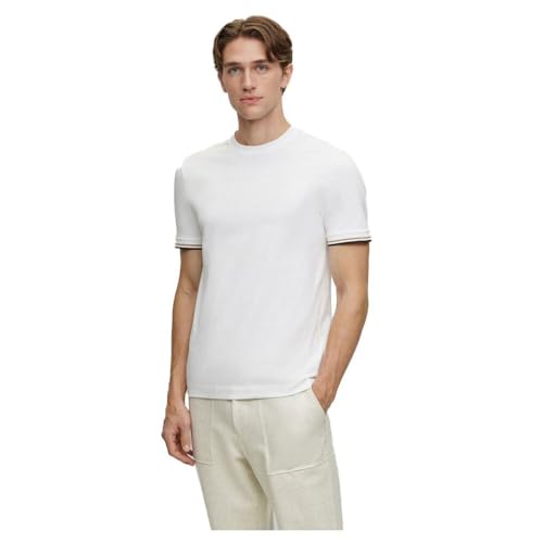 BOSS Herren Thompson 04 T-Shirt aus Baumwoll-Jersey mit Signature-Streifen an den Bündchen Weiß L von BOSS