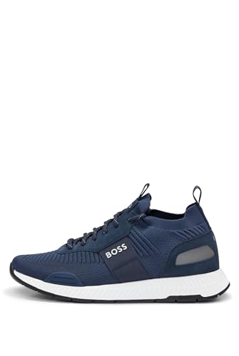 BOSS Herren Titanium Runn Titanium Sneakers mit gestricktem Obermaterial und Veloursleder-Besatz Dunkelblau 40 Größe 40 von BOSS