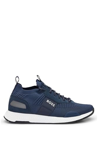 BOSS Herren Titanium Runn Titanium Sneakers mit gestricktem Obermaterial und Veloursleder-Besatz Dunkelblau 39 Größe 39 von BOSS