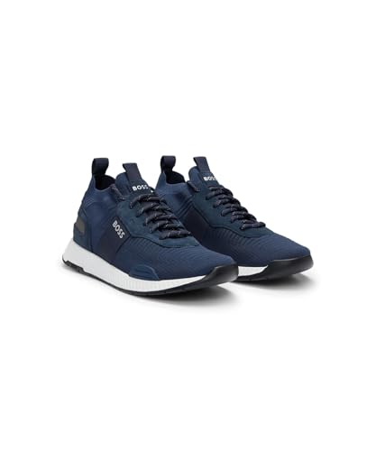 BOSS Herren Titanium Runn Titanium Sneakers mit gestricktem Obermaterial und Veloursleder-Besatz Dunkelblau 45 Größe 45 von BOSS