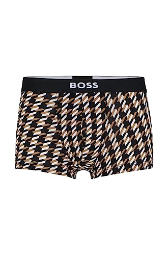 BOSS Herren Trunk Refined Eng anliegende Boxershorts mit kurzem Bein und Logo am mittelhohen Bund und Hahnentritt-Print Beige M von BOSS