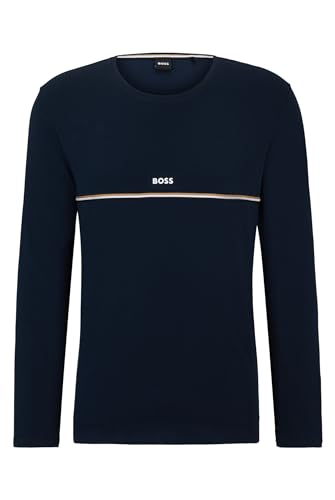 BOSS Herren Unique LS-Shirt Pyjama-Shirt aus Stretch-Baumwolle mit Signature-Streifen und Logo Dunkelblau XL von BOSS