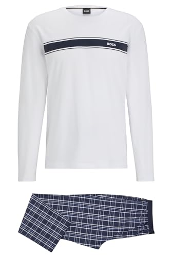 BOSS Herren Schlafanzug Loungewear Nightwear Pyjama Urban Long Set, Farbe:Mehrfarbig, Größe:L, Artikel:-402 White/Dark Blue von BOSS