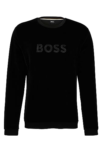BOSS Herren Velour Sweatshirt Sweatshirt aus Baumwoll-Mix mit Velours-Finish und Logo-Stickerei Schwarz L von BOSS
