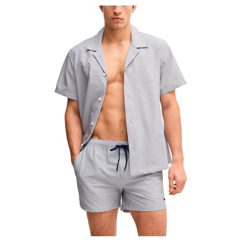 BOSS Herren Velvetfish Badeshorts aus gestreiftem Seersucker-Gewebe Dunkelblau L von BOSS