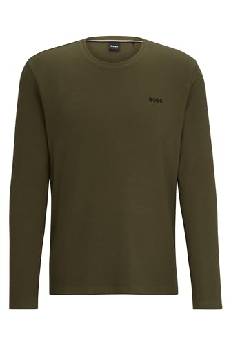 BOSS Herren Waffle LS-Shirt Pyjama-Shirt aus Baumwoll-Mix mit Logo-Stickerei Dunkelgrün S von BOSS