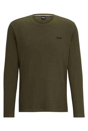 BOSS Herren Waffle LS-Shirt Pyjama-Shirt aus Baumwoll-Mix mit Logo-Stickerei Dunkelgrün M von BOSS