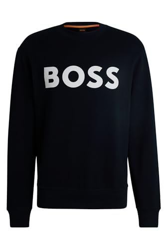 BOSS Herren WeBasicCrew Relaxed-Fit Sweatshirt aus Baumwoll-Terry mit gummiertem Logo-Print Dunkelblau XXL von BOSS