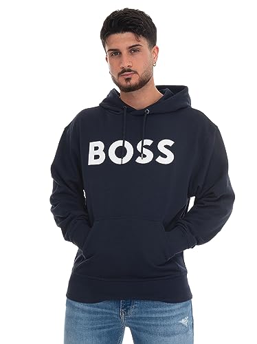 BOSS Herren WebasicHood Hoodie aus Baumwoll-Terry mit gummiertem Logo-Print Dunkelblau L von BOSS