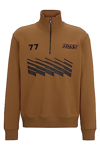 BOSS Herren Zeretrobike Sweatshirt aus Baumwoll-Terry mit Reißverschluss am Kragen und Details im Rennsport-Stil Hellbeige L von BOSS