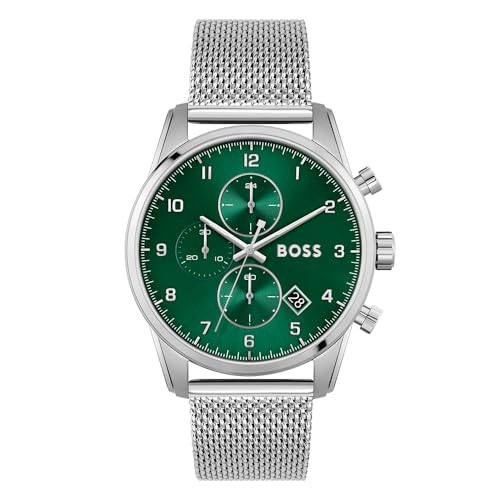 BOSS Chronograph Quarz Uhr für Herren mit Silbernes Edelstahl-Mesh-Gliederarmband - 1513938 von BOSS