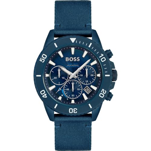 BOSS Chronograph Quarz Uhr für Herren mit Blaues Textilarmband aus recyceltem Ozeankunststoff - 1513919 von BOSS