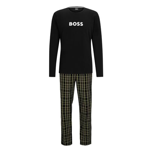 BOSS Herren Pyjama Set lang Schlafanzug Sleepwear Easy Long Set, Farbe:Gelb, Größe:M, Artikel:-751 Black/Yellow von BOSS