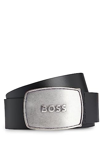 BOSS Herren Icon-EP Ledergürtel mit Logo-Koppelschließe aus gebürstetem Metall Schwarz 80 von BOSS