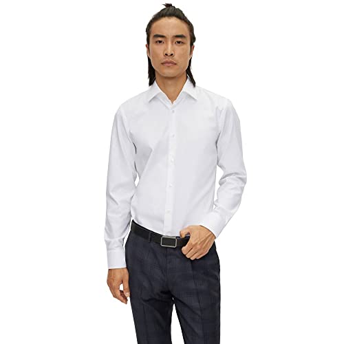 BOSS Herren H-HANK-C1-214 Slim-Fit Twill-Hemd aus bügelleichter Stretch-Baumwolle Weiß 40 von BOSS