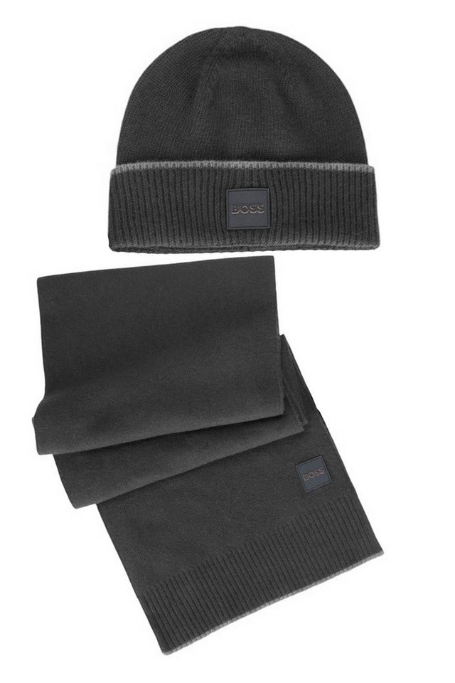BOSS Strickmütze Elegantes Herren-Set: Mütze & Schal in Schwarz mit Kontrastdetails von BOSS