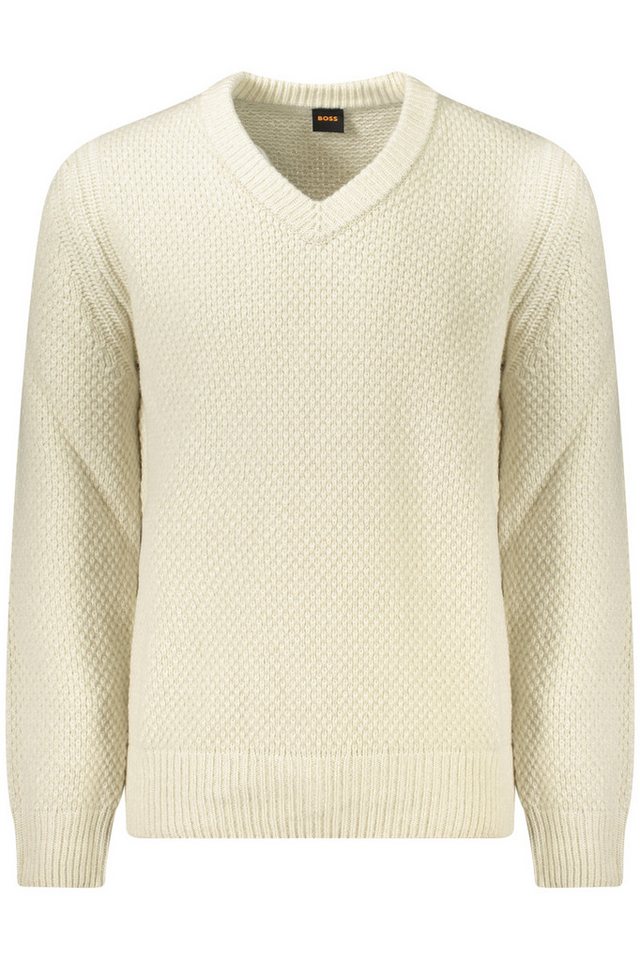BOSS Strickpullover Eleganter Herrenpullover Beige mit V-Ausschnitt und Logo-Details von BOSS