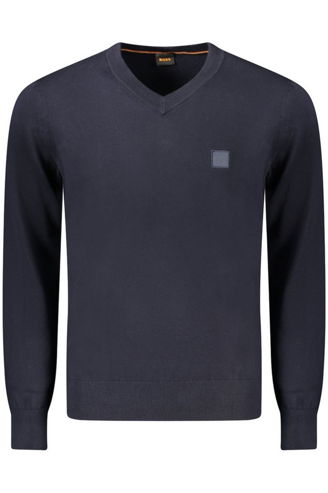 BOSS Strickpullover Eleganter blauer Herrenpullover mit V-Ausschnitt und Logo-Applikation BOSS Strickpullover Eleganter blauer Herrenpullover mit V-Ausschnitt und Logo-Applikation von BOSS
