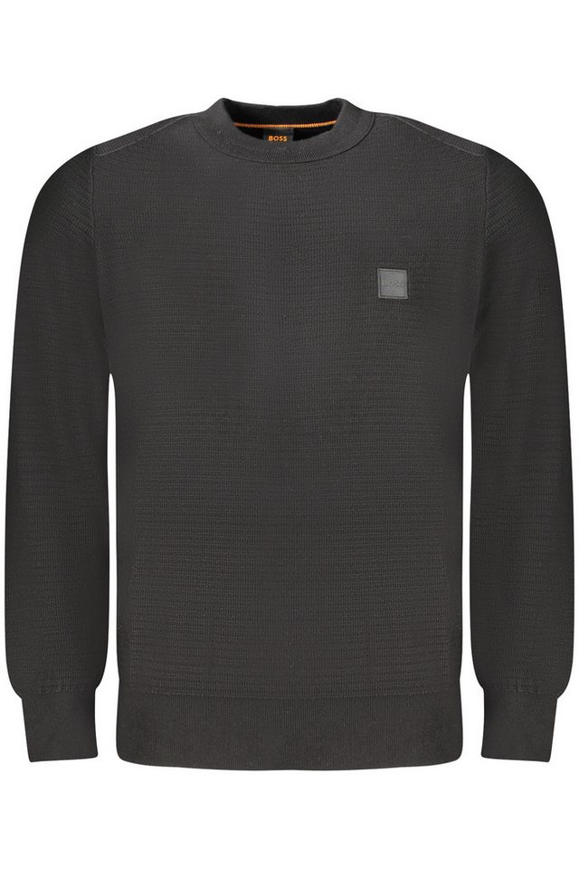 BOSS Strickpullover Schwarzer Herren Pullover: Langarmshirt mit Rundhals & Applikation von BOSS