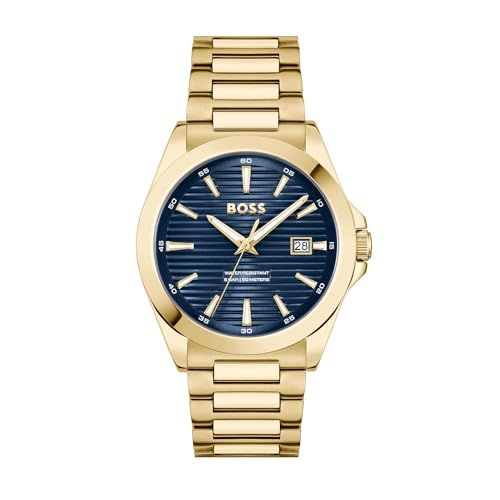 BOSS Uhr mit DREI-Zeiger-Quarzwerk für Herren Kollektion Strike mit Goldfarben Edelstahlarmband - 1514172 von BOSS