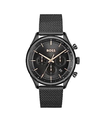 BOSS Chronograph Quarz Uhr für Herren Kollektion Gregor mit Schwarzes Edelstahl-Mesh-Gliederarmband - 1514065 von BOSS