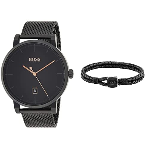 BOSS Watches and Jewelry Herren Analog Quartz Uhr und Schwarzes Lederarmband von BOSS