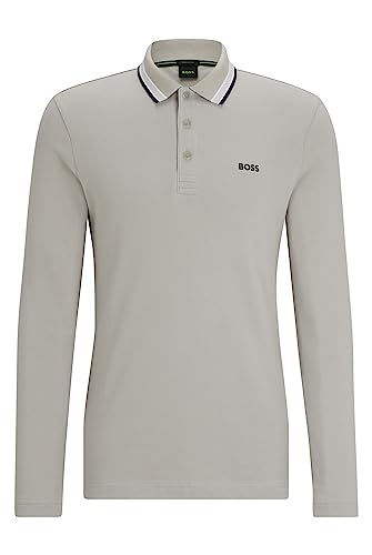 BOSS Herren Plisy Longsleeve-Poloshirt aus Baumwoll-Piqué mit Kontrast-Logo Hellgrau XXL von BOSS