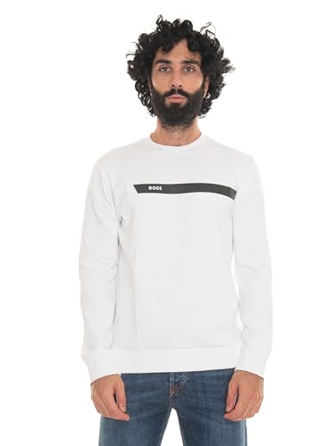 BOSS Herren Salbo 1 Sweatshirt aus Baumwoll-Mix mit grafischem Logo-Streifen Weiß L von BOSS