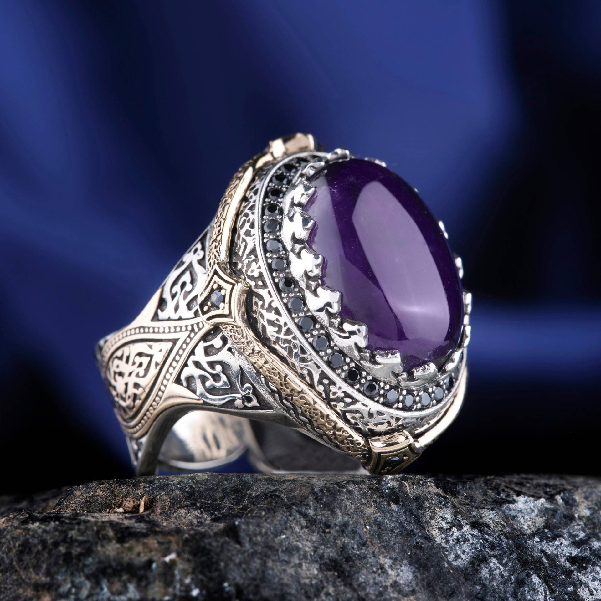 Sterling Silber Amethyst Stein Ring, Herren Handgemachter Fleur De Lis Männer Schmuck, Vintage Ring Vatertagsgeschenk von MARASBULLA