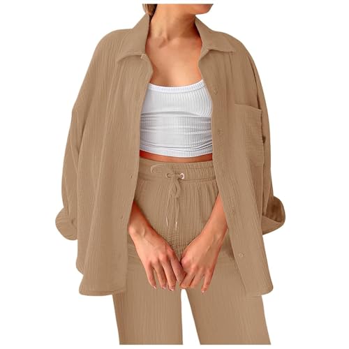 BOSSETY Musselin Bluse Damen Zweiteiler Sets Elegant Freizeitanzug Casual Oberteile und Weite Beine Hose Lange Hosenanzug 2-teiler Set Sommer Herbst Outfit von BOSSETY