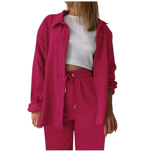 BOSSETY Musselin Bluse Damen Zweiteiler Sets Elegant Freizeitanzug Casual Oberteile und Weite Beine Hose Lange Hosenanzug 2-teiler Set Sommer Herbst Outfit von BOSSETY