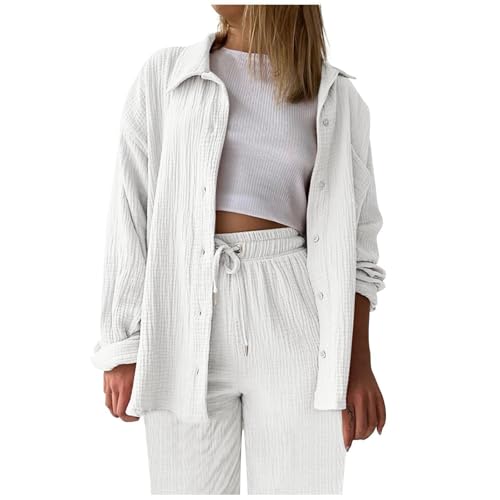 BOSSETY Musselin Bluse Damen Zweiteiler Sets Elegant Freizeitanzug Casual Oberteile und Weite Beine Hose Lange Hosenanzug 2-teiler Set Sommer Herbst Outfit von BOSSETY