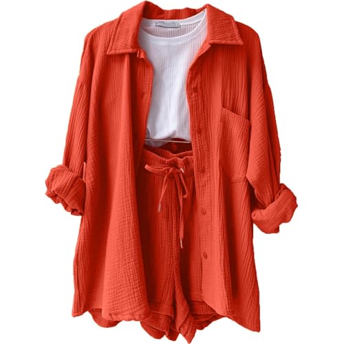 BOSSETY Sommer Outfit Zweiteiler Damen Sommer Schlafanzug Damen Bluse Hemd und Shorts Clothes Aesthetic Lounge Zweiteiler Strand Outfit Set von BOSSETY