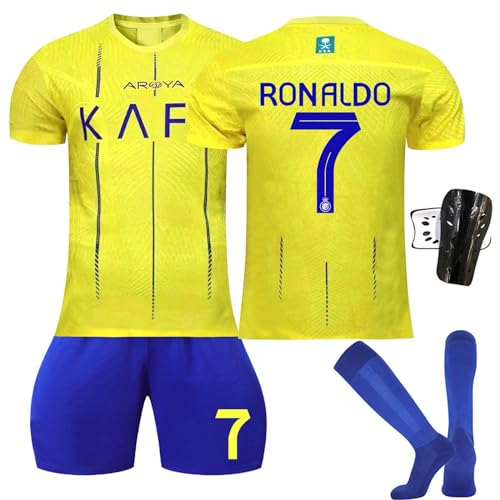 BOSSETY Trikot für Kinder und Erwachsene Al NASSR FC No.7 Fußball Trikot Heim/Auswärtstrikot Fussball Trikots Football Jersey, Top Shorts Socken Schienbeinschoner 4-teiliges Set für Junge Herren Anzug von BOSSETY