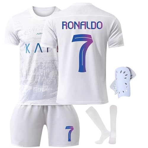 BOSSETY Trikot für Kinder und Erwachsene Al NASSR FC No.7 Fußball Trikot Heim/Auswärtstrikot Fussball Trikots Football Jersey Nr.7 Top Shorts Socken Schienbeinschoner 4-in-1 Set für Junge Herren Anzug von BOSSETY